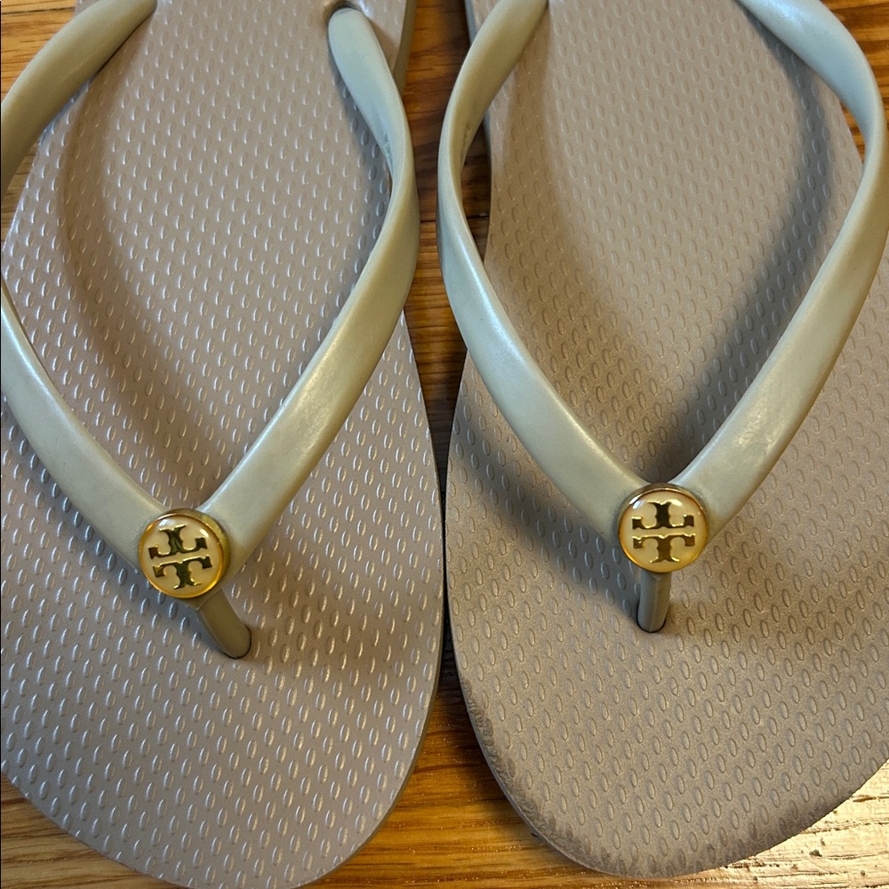 Tory Burch Taupe Flip Flop Sandals with Gold Logo Medallions - Picture 2 of 7